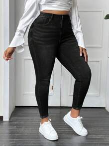 SHEIN EZwear Plus Size Front Button Pocket Simple Fitted Casual Black Jeans - Black - View 5