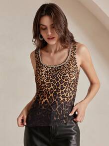 Anewsta Women's Modern Camisole Top With Slim Fit Leopard Print & Rhinestone Trim