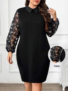 SHEIN Clasi 大码女式花卉印花撞色网眼灯笼袖优雅连衣裙 - 彩色 - 查看 1