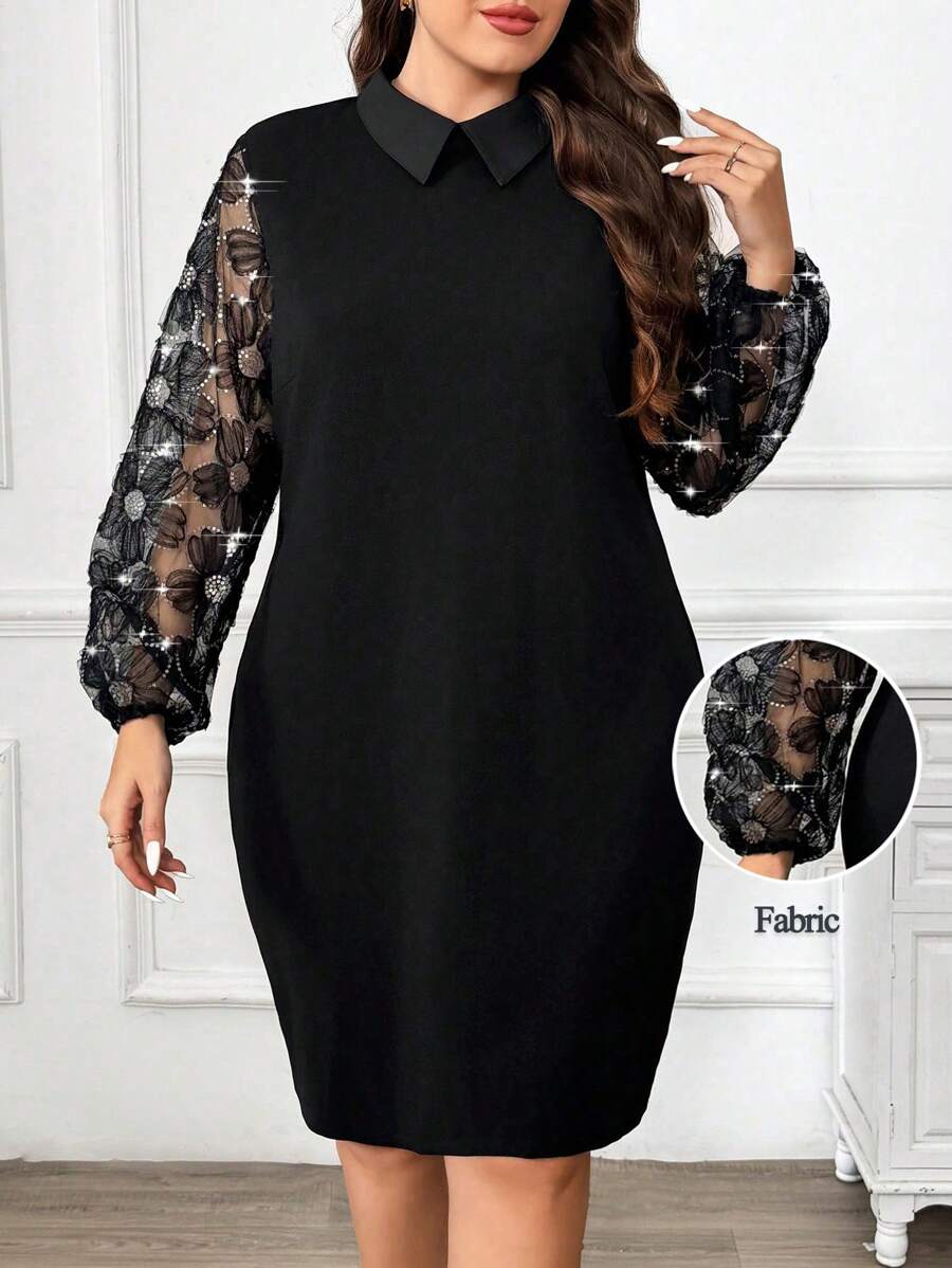 SHEIN Clasi 大码女式花卉印花撞色网眼灯笼袖优雅连衣裙 - 彩色 - 查看 1