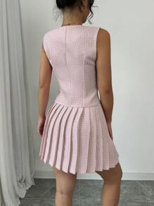 Elenzga Elegant Plaid Front Button Vest And Pleated Skirt 2 Pieces Set - Multicolor - View 2