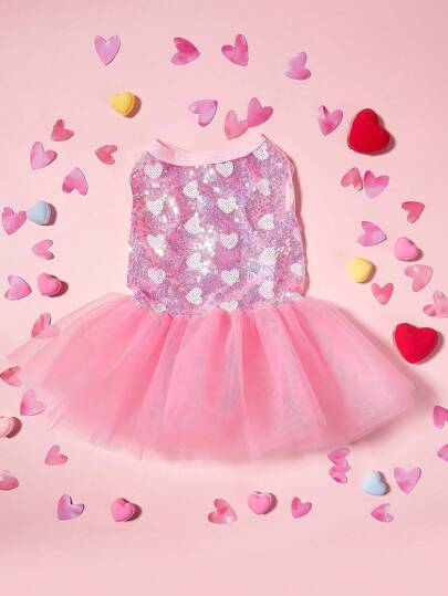 PETSIN 1 件宠物通用情人节粉色爱心亮片和网眼材料拼布奢华公主裙，适合狗狗