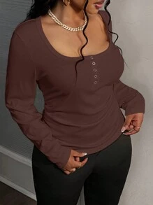 Slaydiva Plus Size Casual Ruched Waist Square Neck Long Sleeve Top - Brown - View 5