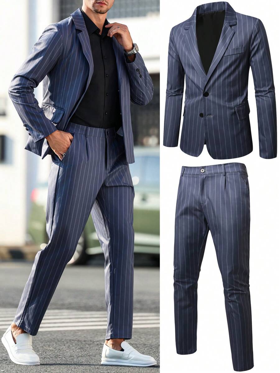 Calvornis Men's Flat Collar Long Sleeve Striped Minimalist Shirt & Pants Suit Set