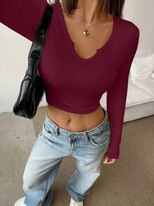 INAWLY Women Casual Solid Color Notched Neck Crop T-Shirt, Autumn