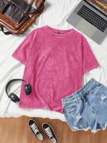 SHEIN EZwear Áo thun dệt kim rộng rãi phong cách cổ điển màu đỏ hồng cho nữ - Màu Hồng Tươi - Xem 6