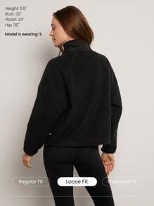 GLOWMODE Cozy Medium Polar Fleece Soft Warm Loose Adjustable Drawstring Hem Two-Tone Jacket Sweatshirt With Side Pockets Daily Casual Fall Winter - Black - View 2