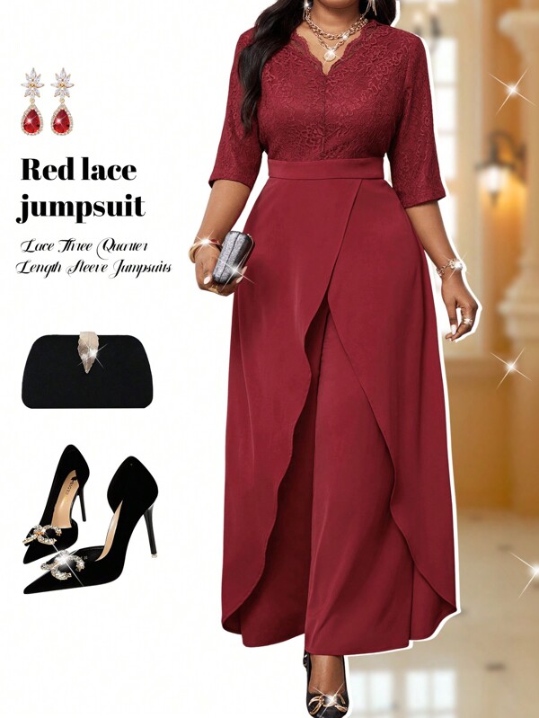 Fleurora Spring And Summer Autumn And Winter Elegant Work Red Woven V Neck Contrast Lace Long Three Quarter Length Sleeve Plus Size Jumpsuits Fall Clothes Long Sleeve Women Jumpsuit Fall Clothes Curve Lace Long Sleeve Fall Women Outfits