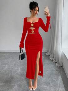 Calvaya Vestido ajustado con abertura alta, envolvente y con estampado floral recortado y fruncido, elegante para mujeres, ropa de fiesta casual y sexy del estilo Y2K, para primavera y otoño