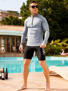 Manfinity Swimmode Men Solid Color Zip Up Surf T-Shirt, Slim Fit Casual Daily Wear,Hawaiian