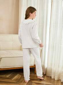 SHEIN Tween 女童白色蕾丝边长袖长裤两件套休闲舒适宽松优雅家居服 - 白色 - 查看 2