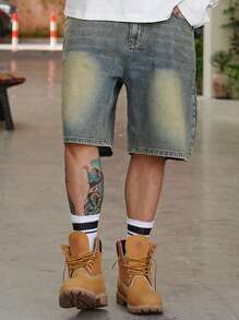 DAZY 男士夏季休闲水洗牛仔短裤 - 藍色 - 查看 6