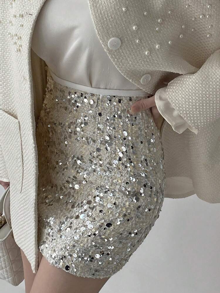 Women's Contrast Color Waist Sequin Embellished Short A-Line Skirt, White, All Season Prom Skirting New Years Women Carnival