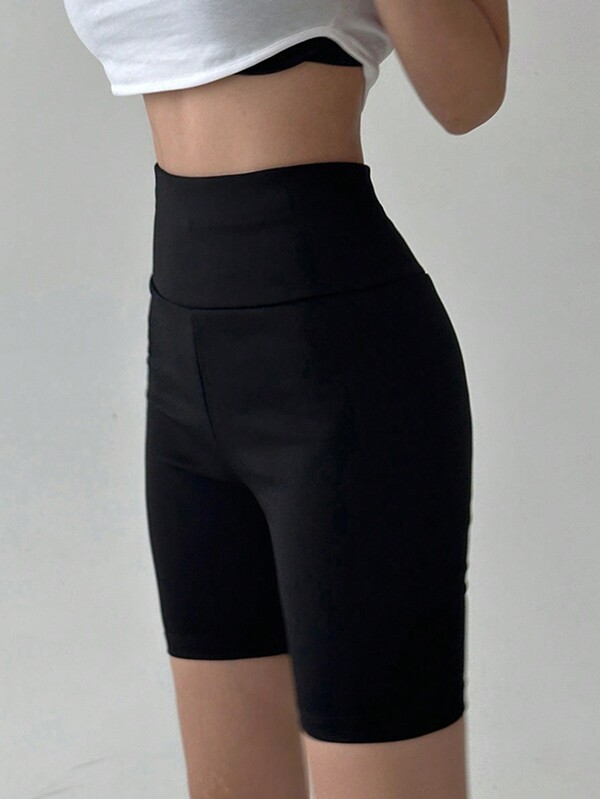 DAZY Women's Solid Color Elastic High Waist Short Leggings, Athleisure Pants, Black, All Seasons