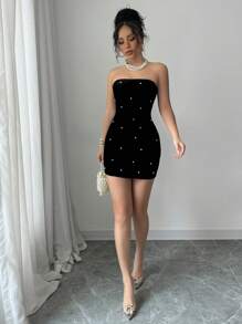 Selianne Halloween Costume Black Strapless Pearl Waist Velvet Elegant Romantic Women Dress - Black - View 6