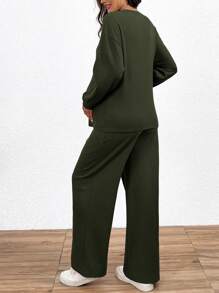SHEIN 2pcs/Set Maternity Casual Solid Color Long Sleeve Top And Long Pants Set, Autumn - Army Green - View 2