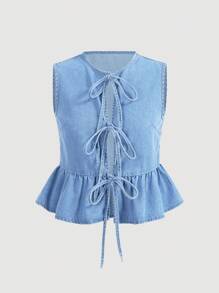 SHEIN MOD 大码女式休闲宽松牛仔夹克，配领带腰带和荷叶边饰边，蓝色 - 淺色水洗藍 - 查看 1