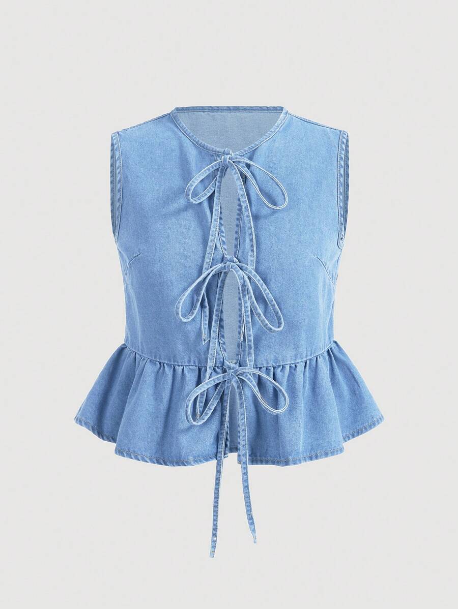 SHEIN MOD 大码女式休闲宽松牛仔夹克，配领带腰带和荷叶边饰边，蓝色 - 淺色水洗藍 - 查看 1