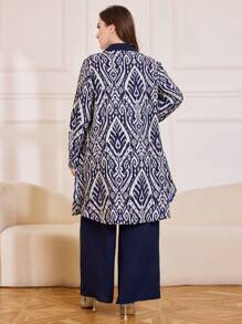 Lacomfia Random Floral Pattern, Heterogeneous Floral Patchwork, 2 Pieces Set, Elegant Retro Plus Size Fall Cloth For Women - Navy Blue - View 2
