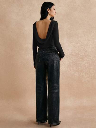 Poéselle Camiseta de manga larga, ajustada, de un solo color, para mujer, casual para uso diario