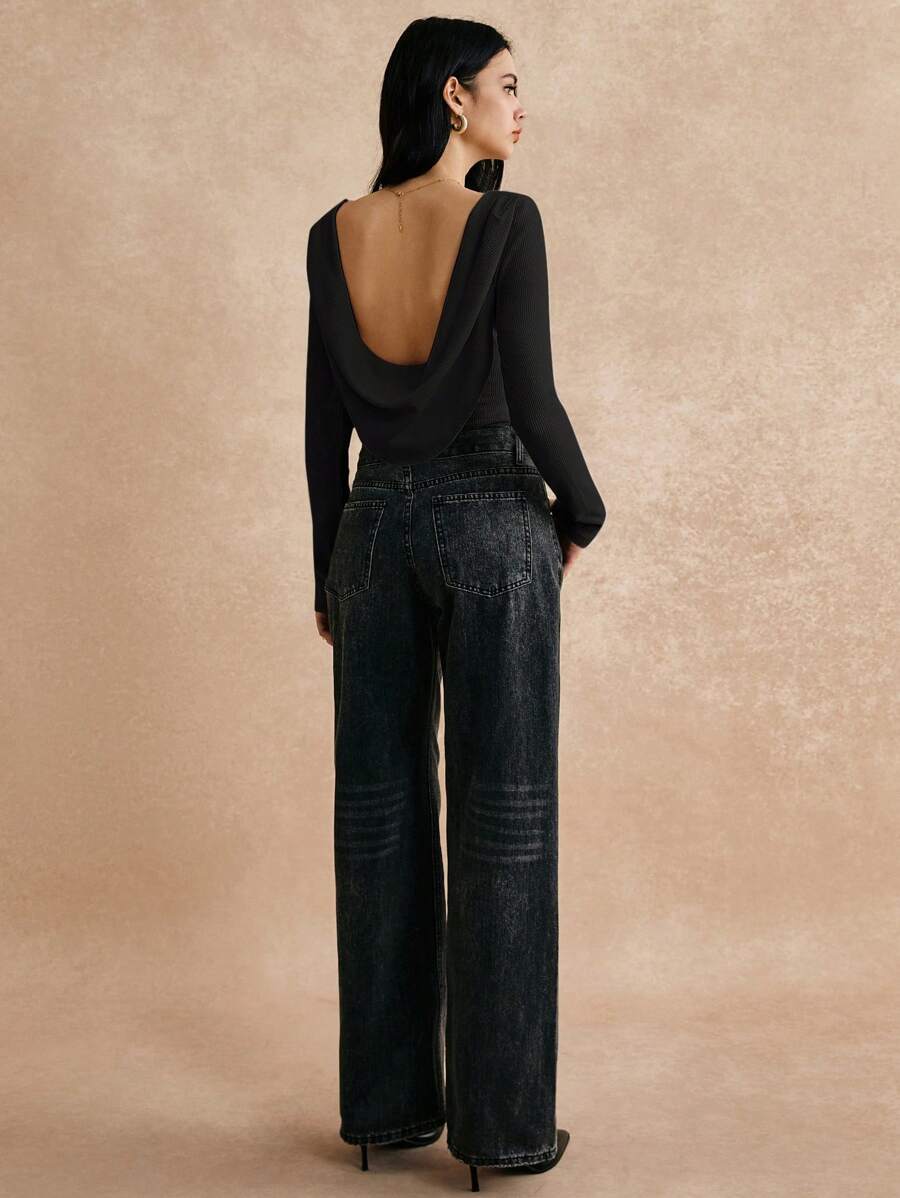 Poéselle Women's Solid Color Long Sleeve Slim Fit T-Shirt, Casual For Everyday Wear - Black - View 1