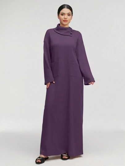 Al Najma 女士纯色高领长袖口袋宽松长款休闲阿拉伯连衣裙，休闲风格，适合日常休闲/旅游/度假/休假/家居服，超长阿拉伯连衣裙
