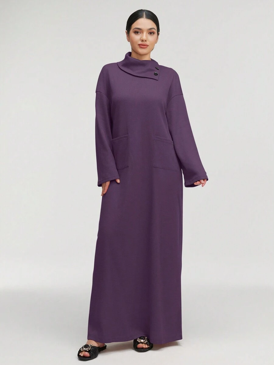 Al Najma 女士纯色高领长袖口袋宽松长款休闲阿拉伯连衣裙,休闲风格,适合日常休闲/旅游/度假/休假/家居服,超长阿拉伯连衣裙 - 紫色 - 查看 1