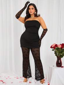 SHEIN SXY Conjunto de dos piezas de top de punto bandeau negro sexy y pantalones de encaje para mujer de talla grande, apto para uso diario, cita nocturna, cumpleaños, despedida de soltera, fiesta, baile de graduación, cita en pareja, elegante, casual, compras, ropa de calle, al aire libre, coqueto, fácil de combinar y estilizador, resalta tu figura, favorece tu silueta