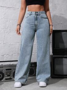 休闲洗水高腰直筒牛仔裤 - 淺色水洗藍 - 查看 4