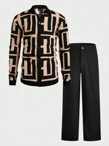 Manfinity Homme Men's Button-Front Long Sleeve Allover Print Casual Shirt & Pants Set - Black - View 7