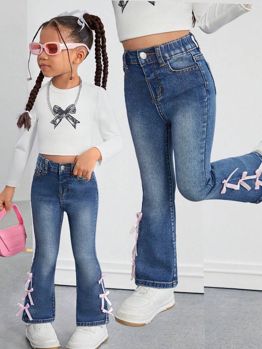 SHEIN Young Girl' Y2K Pink Cute Bow Accent Blue Denim Jeggings,Valentine's Day Denim Pants - Dark Wash - View 1