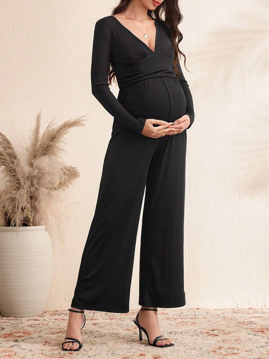 SHEIN Combinaison ample de maternité à col en V, manches longues, portée casual au quotidien - Noir - Voir 1