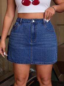 SHEIN ICON Plus Size Button Front Pocket Simple Design Denim Skirt, Casual Daily Wear, For Summer - Blue - View 1