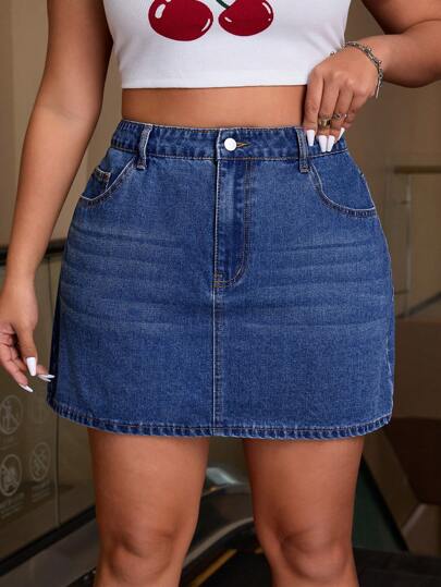 SHEIN ICON Plus Size Button Front Pocket Simple Design Denim Skirt, Casual Daily Wear, For Summer