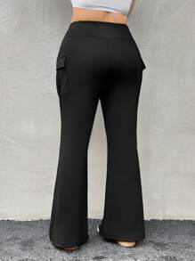 SHEIN EZwear Women Plus-Size Knitted Elastic Solid Color Flare Pants With Pocket - Black - View 2
