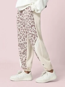 SUMWON 设计师豹纹慢跑运动裤，柔软舒适，适合冬季穿着，弹性裤脚收口，侧边拼接设计，休闲百搭。 - 米色 - 查看 2