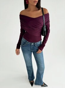 Aloruh 优雅紫色露肩褶皱修身上衣 - 紫色 - 查看 2