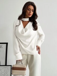 Firerie Áo sơ mi nữ tay dài màu mơ thanh lịch, tinh tế, cổ điển, đơn giản, phù hợp cho công sở, mùa xuân, hè, ngày Valentine. - trắng - Xem 5