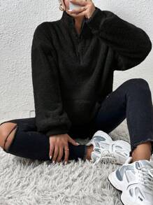 SHEIN PETITE CURVE 大码休闲纯色羊毛立领连帽衫，秋冬款