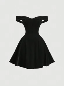 Tween Girls Solid Color Velvet Waist-Cinching Elegant Black Dress - Black - View 4