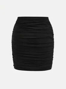 年轻女孩针织纯色梭织修身休闲黑色裙子 - 黑色 - 查看 2