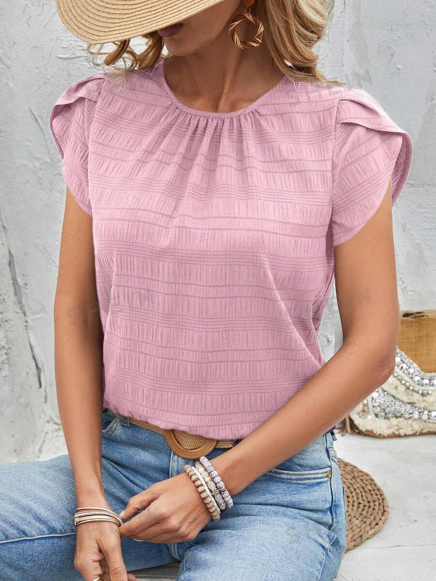 EMERY ROSE Blusa de unicolor con mangas de pétalos y abertura en la espalda