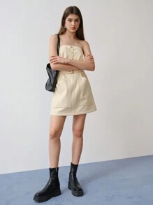 MOTF STUDIO VÁY MINI ỐNG THẮT LƯNG DA PU - Màu be - Xem 2