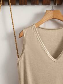 INAWLY Tank Top Große Größen für Frauen, lockerer Schnitt, V-Ausschnitt, einfarbig mit Splice-Design für Frühling/Sommer - Aprikosenfarben - Übersicht 7