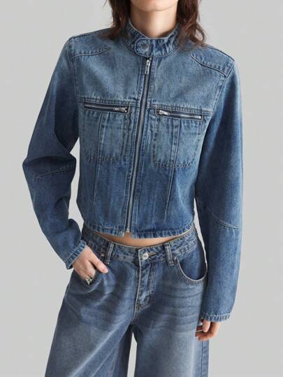 Ontre 女士休闲做旧渐变色短款牛仔夹克