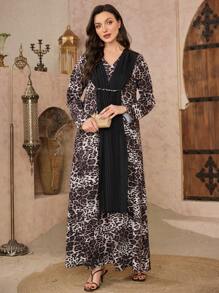 Al Najma Women's V-Neck Pullover Pleated Chiffon Kaftan Dress With Leopard Print, Spring/Summer - Multicolor - View 6