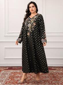 Al Najma 大码女式 V 领长袖花卉印花休闲阿拉伯连衣裙 - 黑色 - 查看 5