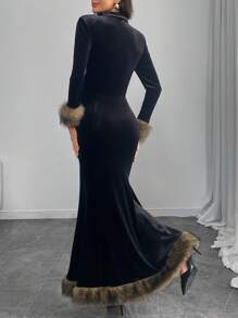 Modelyn Women's Fluffy Colorblock Dress With Fish Tail Design, Elegant For Autumn/Winter Long Evening Dresses