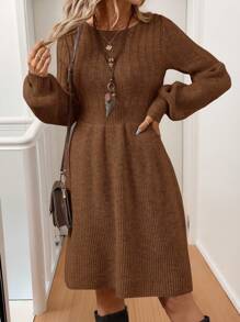 EMERY ROSE Women Solid Color Round Neck Long Sleeve Simple Casual Short Knit Sweater Dress - Brown - View 1