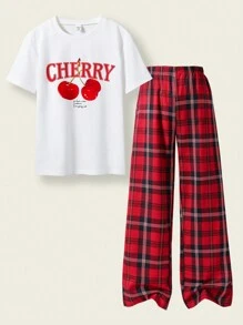 SHEIN Tween Girls 红色格子休闲宽松直筒裤，复古美式风格，百搭春夏 - 紅色 - 查看 3